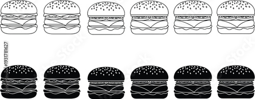 Black and white hamburger icons set featuring delicious fast food cheeseburgers with sesame buns, lettuce, tomato, and cheese layers.