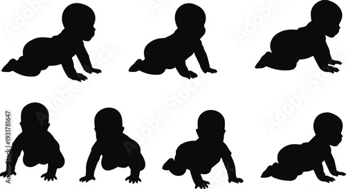 Baby crawling silhouettes set, cute infant poses isolated black child figures for parenting and childcare illustration design