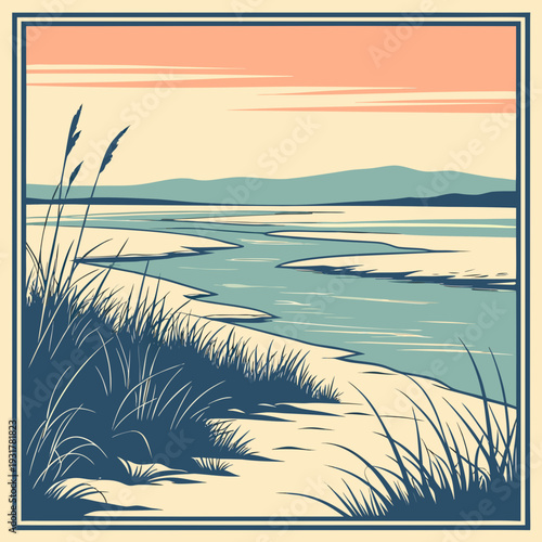 Serene beach scene with sand dunes grass and distant mountains at sunset