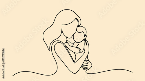 Continuous line art drawing of mother holding baby vector