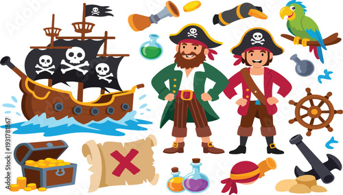 Fun Pirate Adventure Vector Set Featuring Sailing Ship, Treasure Chest, Map, Pirates, Parrot and Nautical Fantasy Elements