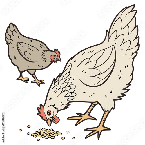 Two cartoon chickens eating feed on white background