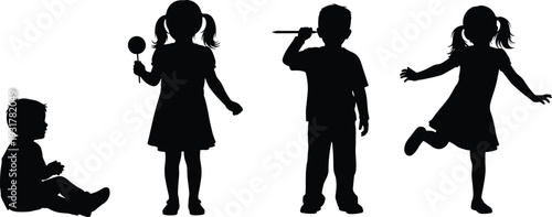 Children silhouettes playing with toys and candy, joyful childhood moments, imagination, innocence, playful activities, happy kids lifestyle