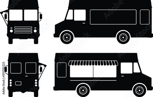 Delivery truck and van silhouettes set, commercial transport vehicles isolated black logistics illustration collection for cargo design