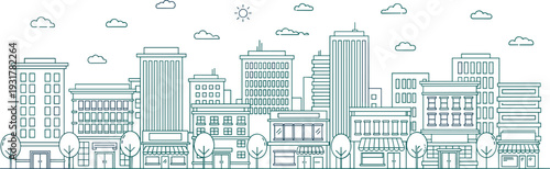 Black line art vector illustration of urban cityscape with skyscrapers, office buildings, storefronts, trees, clouds, sun daytime design