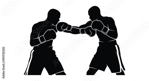 Two male boxers engaged in a dynamic fight with arms extended and fists clenched presented as a silhouette high quality professional