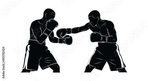 Two boxers engaged in a dynamic fight showcasing powerful punches and athletic stances a striking silhouette high quality professional detailed modern