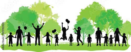 Black silhouette vector illustration of family and children outdoors, community gathering, nature background with trees, joyful celebration activity design