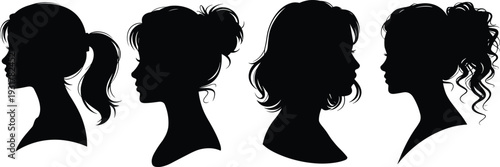 Female profile silhouettes set, stylish women hairstyles side view, isolated black head portraits for beauty fashion design