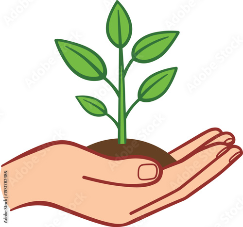 Hand holding plant motif illustration, growth artwork design, nurturing concept emblem, sustainability figure style, eco awareness symbol, environmental decorative