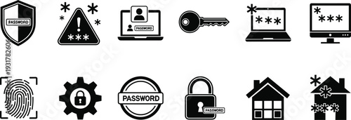 Black vector icon set of cybersecurity and password protection, secure login, authentication methods, digital security, data protection design collection