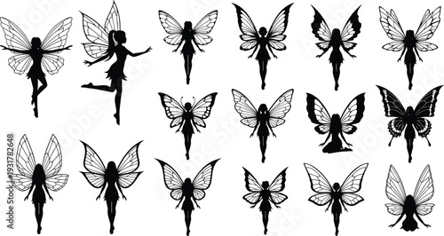 Fairy silhouette motif illustration, fantasy artwork design, magical wing concept emblem, whimsical figure style, enchanted symbol, decorative mystical icon