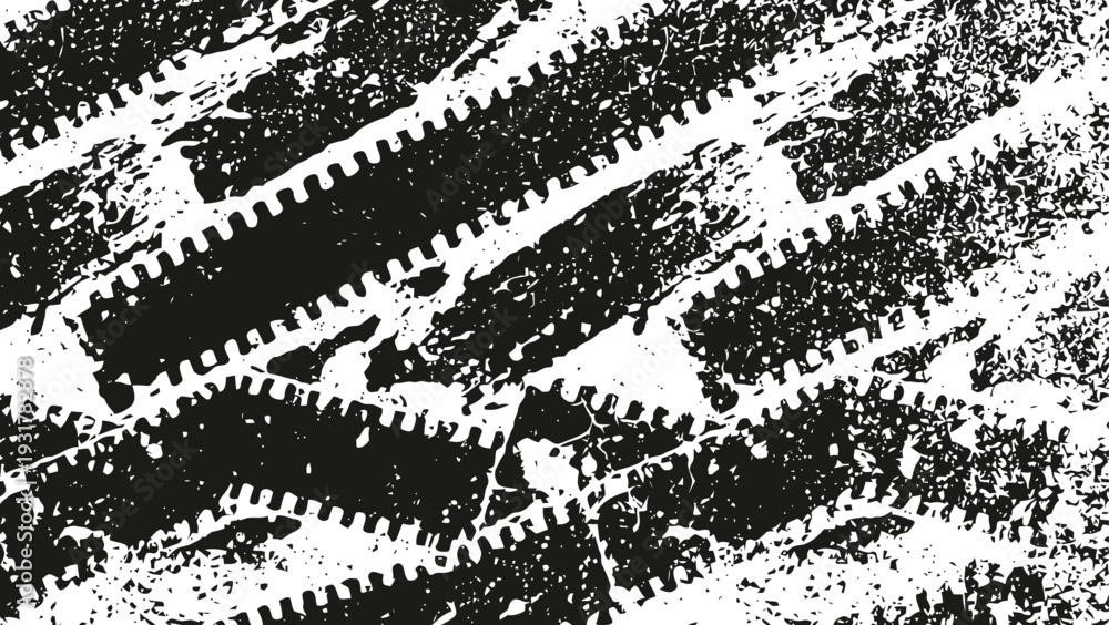 Obraz premium Black and white tire tracks with grunge texture on rough surface background