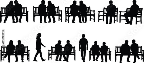 People silhouettes sitting and walking on park benches illustrating relationships, solitude, and social interaction concepts urban lifestyle themes