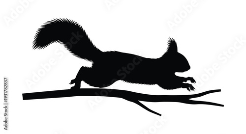 A dynamic black silhouette of a squirrel running along a branch showcasing its playful nature silhouette high quality professional detailed modern