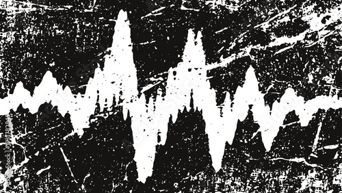 Grunge soundwave waveform design with rough texture and distressed effect on black background