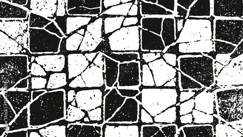 Abstract cracked tile pattern in black and white with geometric shapes and distressed texture