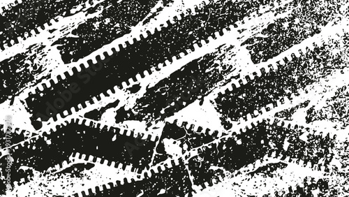 Black and white tire tracks with grunge texture on rough surface background