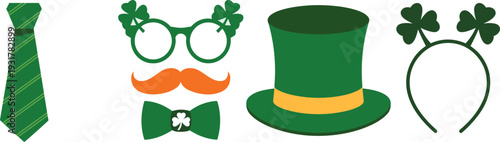 Saint Patricks Day accessories vector set, green hat glasses tie mustache bow Irish celebration icons
