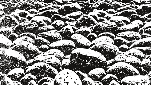 close up of black and white textured stones on the ground forming an abstract natural pattern