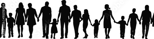 Black Silhouette Of Large Family Group Holding Hands And Walking Together Isolated On White Background For Community Unity And Togetherness