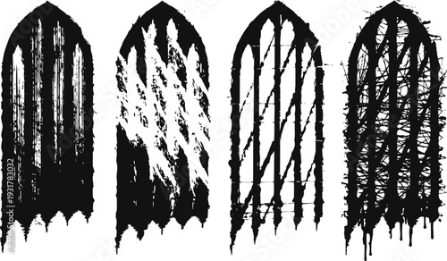 Grunge gothic arch windows set distressed texture design elements for horror or vintage