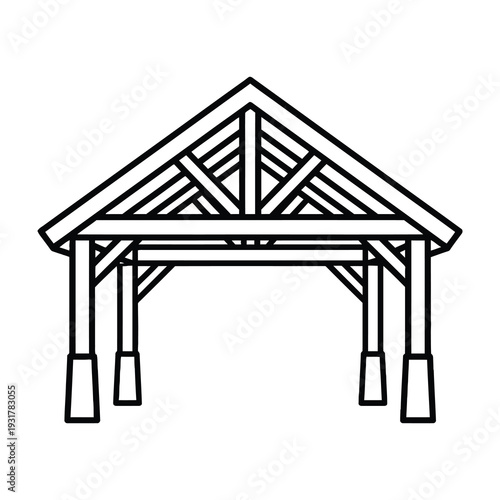 Elegant minimalist wooden pavilion structure showcases intricate triangular roof framing supported by sturdy vertical beams in a clean monochromatic line drawing style