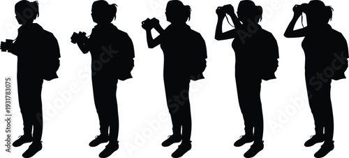 Student boy silhouettes with backpack, standing and drinking water poses, isolated black school children illustration collection set