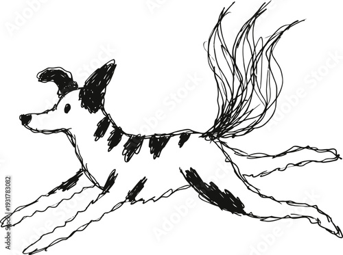 Sketch of a playful dog running with a wagging tail and lively pose in black ink