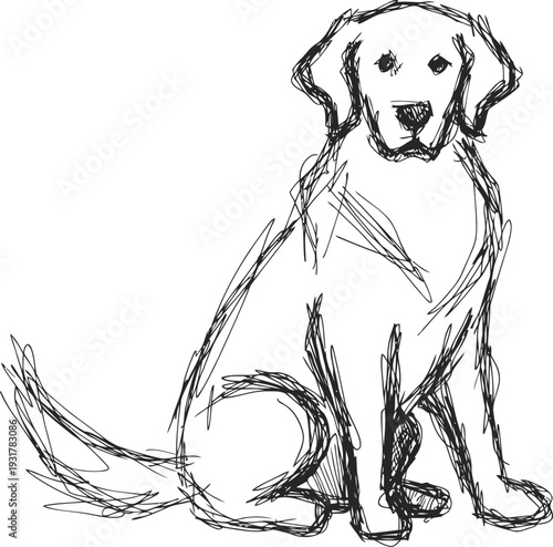 Sketch of a sitting dog with floppy ears and a wagging tail outlined in loose black lines