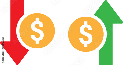 Financial growth and loss concept with dollar coins and arrows