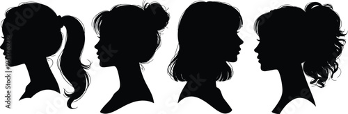 Stylish women profile silhouettes set, diverse female hairstyles side view, isolated black beauty fashion head illustration collection