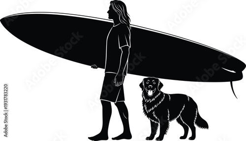 Surfer silhouette standing with long surfboard and loyal dog, coastal adventure, beach lifestyle, companionship concept, outdoor freedom theme