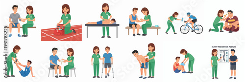 Illustrated Physical Therapy and Rehabilitation Scenarios with Patient and Therapist