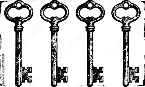 Vintage metal keys set with ornate oval handles and classic double bit design, black and white illustration