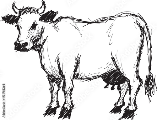 Hand drawn cow sketch with simple lines and shading showing a standing farm animal