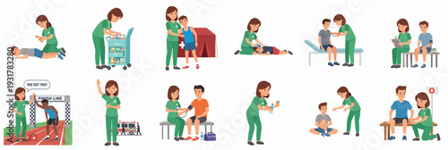Flat Illustration Set Nurse Helping Injured Person Healthcare Profession