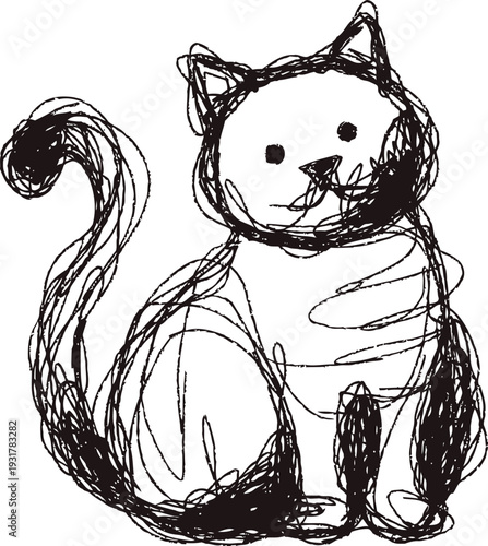 Abstract sketch of a sitting cat with curled tail and playful expression in black ink lines
