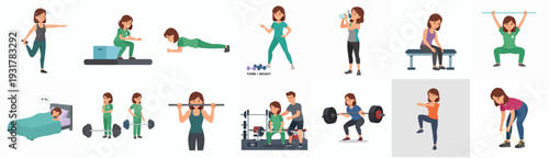 Diverse Cartoon Woman Performing Various Fitness and Exercise Activities Collection