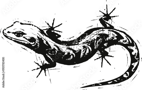 Black ink lizard illustration with splatter effect and dynamic brush strokes