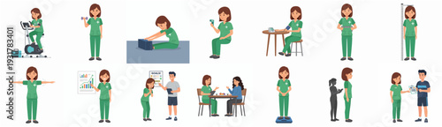 Flat Style Detailed Nurse in Various Actions and Poses Illustration Set