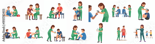 Cartoon Various Injury Treatment Illustration with Nurse and Patient Character