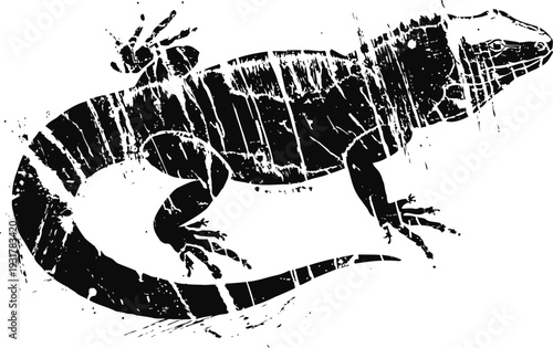 Black lizard silhouette with textured distressed effect on white background
