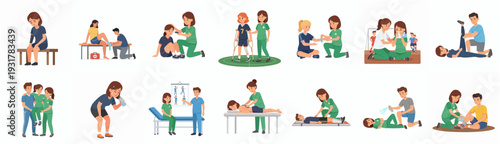 Flat Graphic Emergency Medical Care Scenarios and Treatment Illustration Set