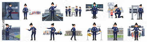 Illustrated Variety of Female Police Officer Character in Different Work Scenarios