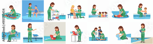 Cartoon Illustration of Female Nurse Taking Care Patient in Various Scenarios