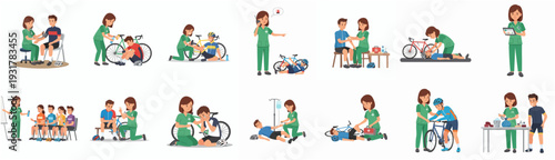 Flat Cartoon Medical Care Assistance Illustration Collection of Injured People