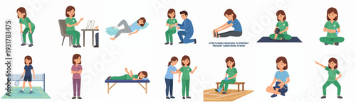 Cartoon Style Detailed Physiotherapy and Rehabilitation Illustration Set with Different Treatment Methods
