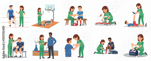 Cartoon Style Diverse Sport Injuries Treatment and Rehabilitation Illustration Set
