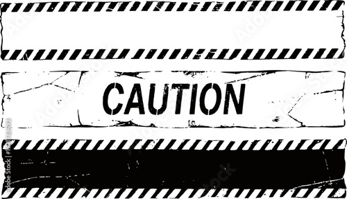Caution sign with black and white striped border, grungy distressed texture, warning and safety concept